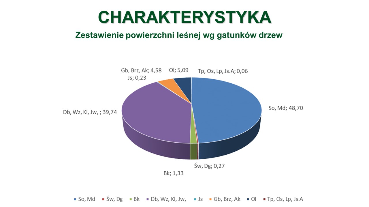Wykres przedstawia zestawienie powierzchni leśnej według gatunków panujących: sosna i modrzew - 48,70%, dąb, wiąz, klon, jawor - 39,74%, olcha - 5,09%, grab, brzoza, akacja - 4,58%, buk - 1,33%, świerk, daglezja - 0,27%, jesion - 0,23%, topola, osika, lipa, jesion amerykański - 0,06%.